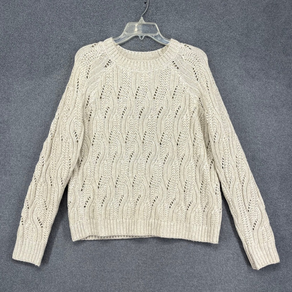 Lucky Brand Sweater Women Medium Cream Gold Metallic Pointelle Knit Shimmer Boho